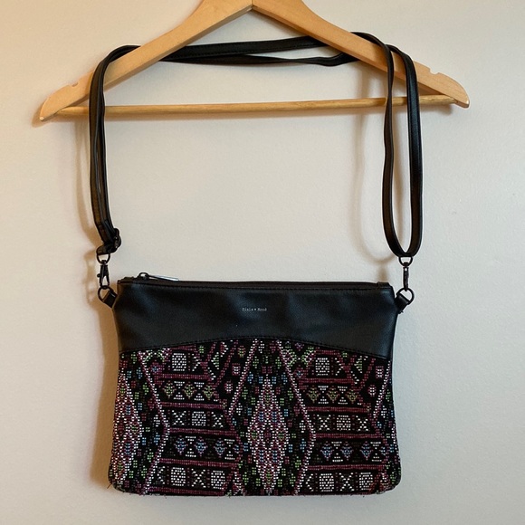 Pixie Mood. Purse. Clutch or crossbody. Black with stitched print on front. - Picture 1 of 7
